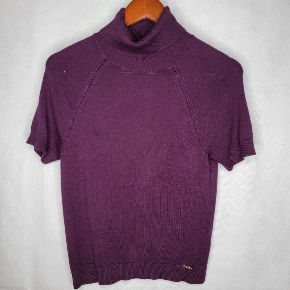 Tahari Sweater Purple Short Sleeve Turtleneck Preppy Academia Officewear Small